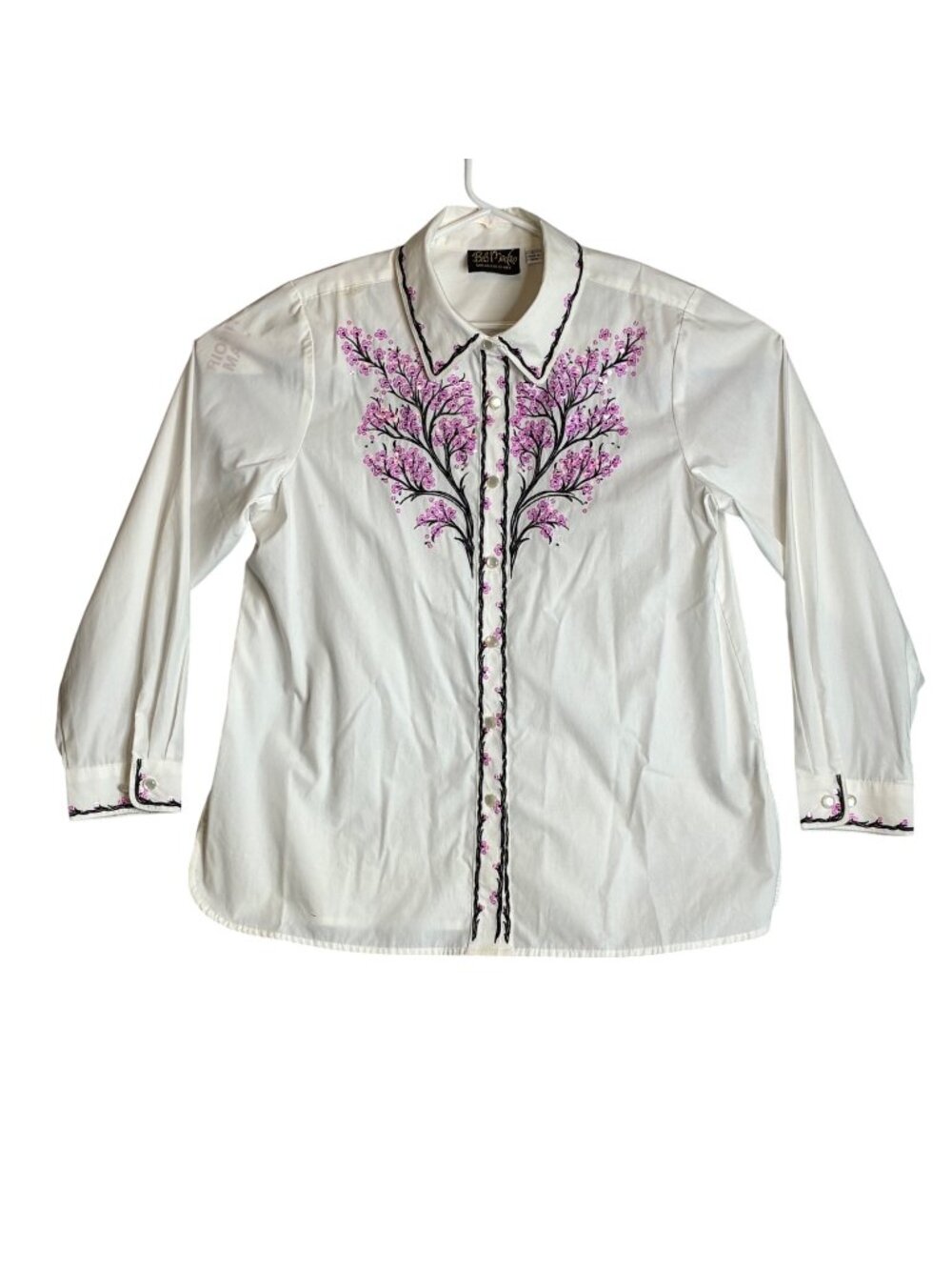 Bob Mackie Wearable Art Womens White Embroidered Button-Up Shirt Large LS Floral